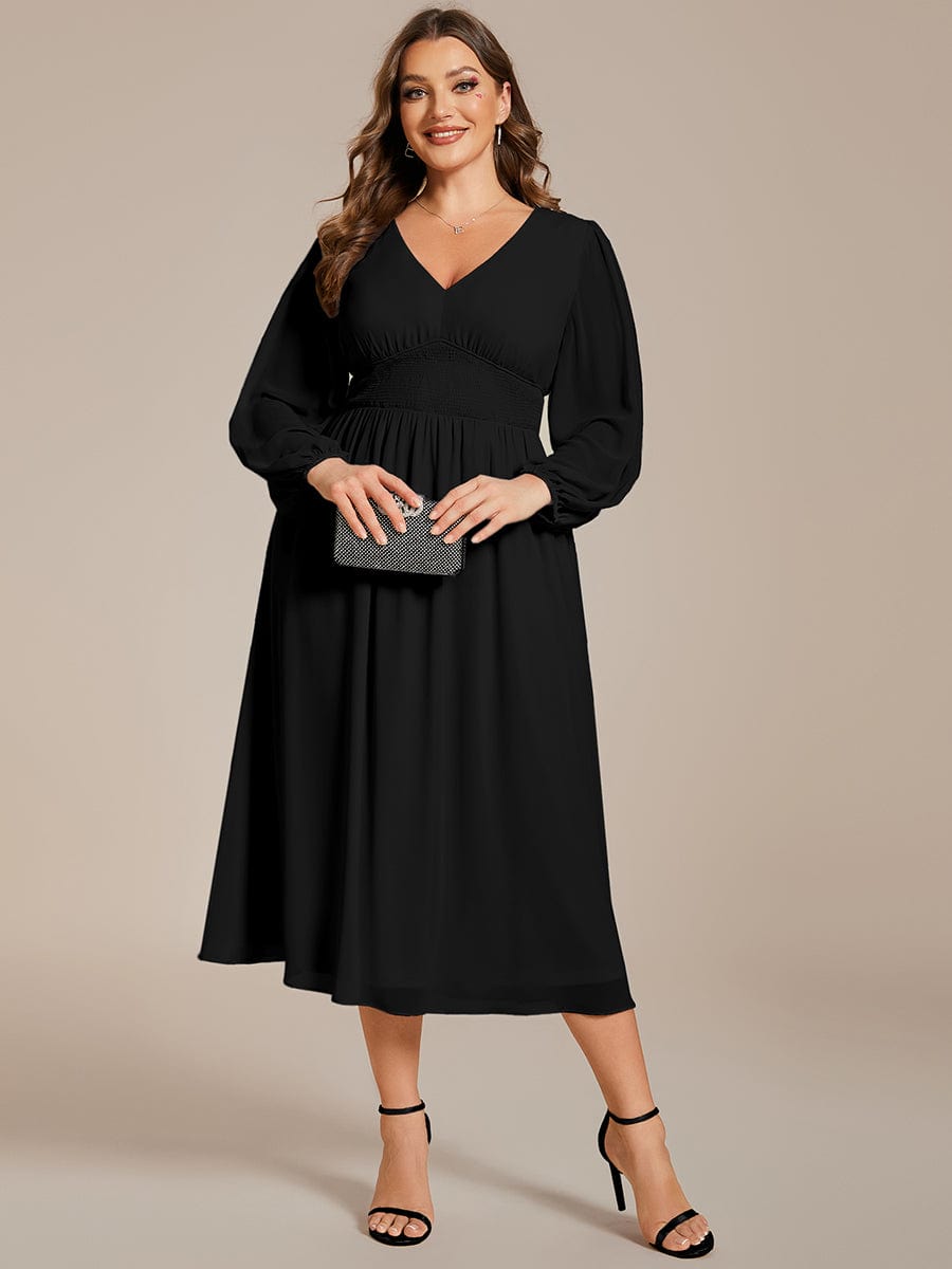 Voluminous Long Sleeve V-Neck Chiffon Midi Wedding Guest Dress for Plus Size Women