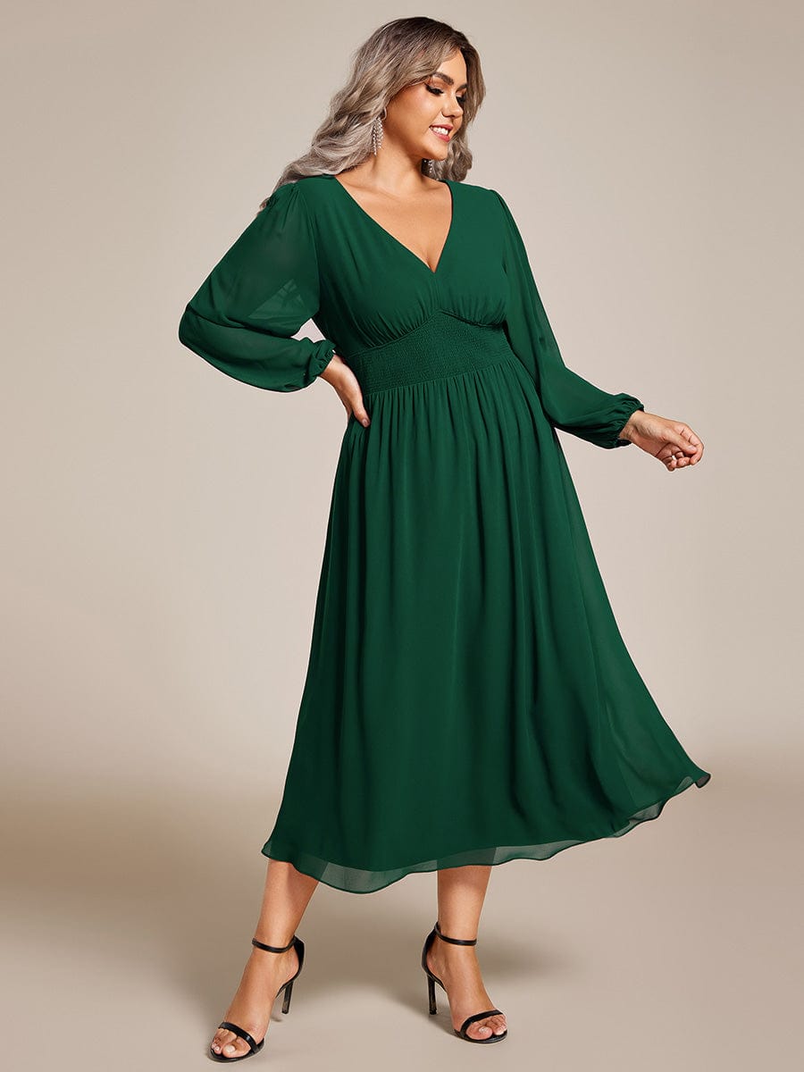 Voluminous Long Sleeve V-Neck Chiffon Midi Wedding Guest Dress for Plus Size Women