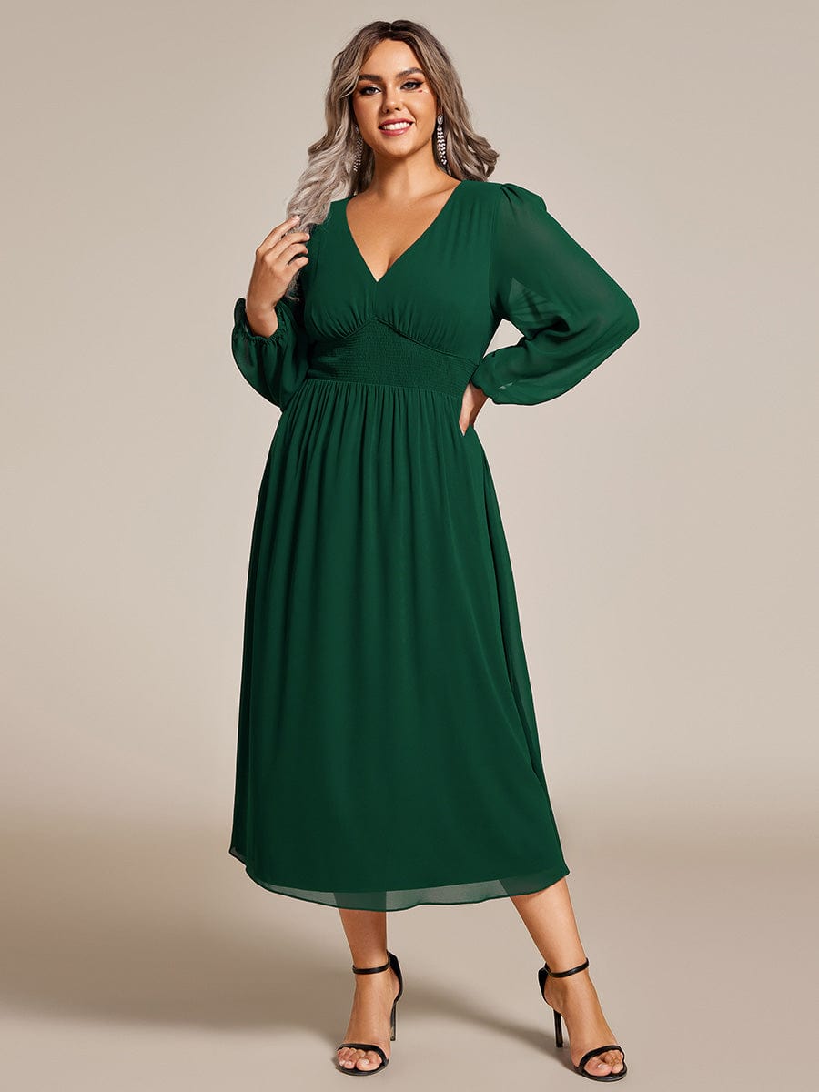 Voluminous Long Sleeve V-Neck Chiffon Midi Wedding Guest Dress for Plus Size Women