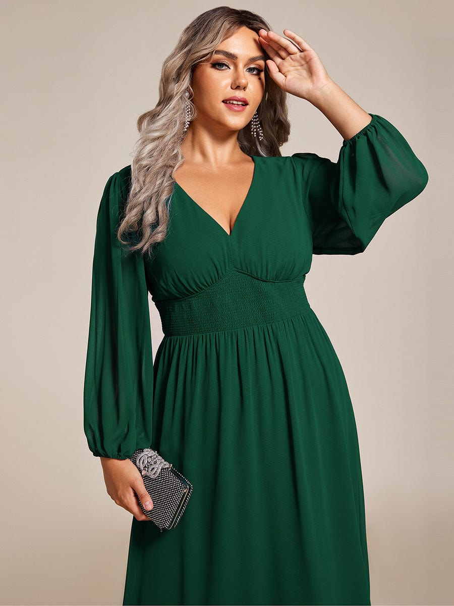 Voluminous Long Sleeve V-Neck Chiffon Midi Wedding Guest Dress for Plus Size Women