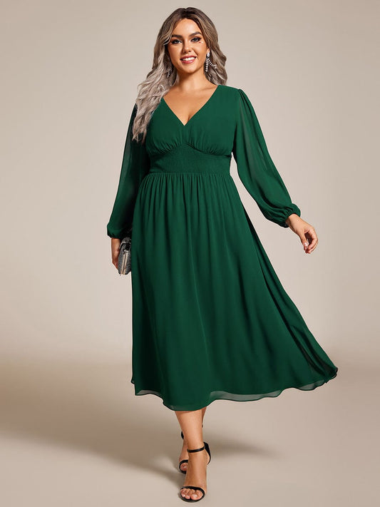 Voluminous Long Sleeve V-Neck Chiffon Midi Wedding Guest Dress for Plus Size Women