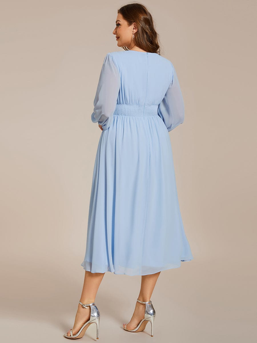 Voluminous Long Sleeve V-Neck Chiffon Midi Wedding Guest Dress for Plus Size Women