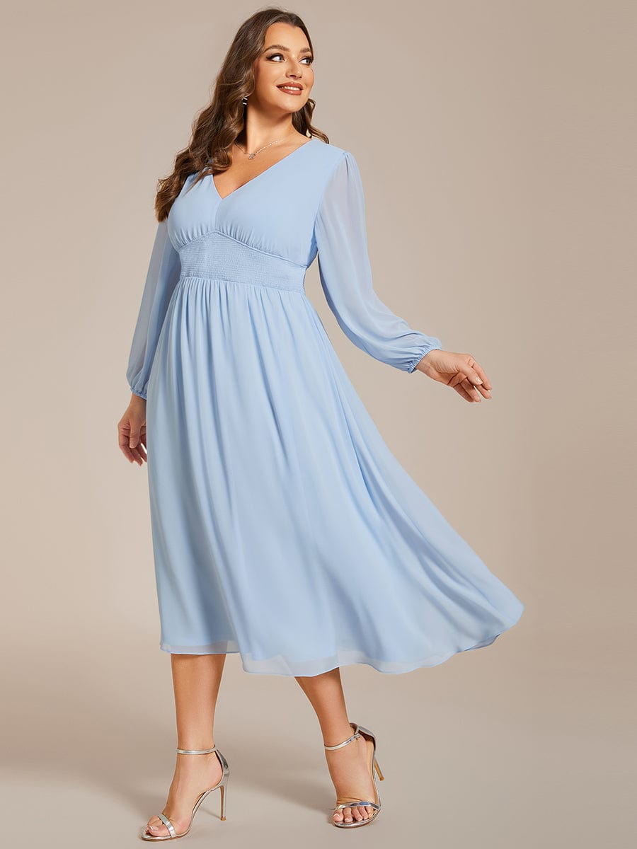 Voluminous Long Sleeve V-Neck Chiffon Midi Wedding Guest Dress for Plus Size Women