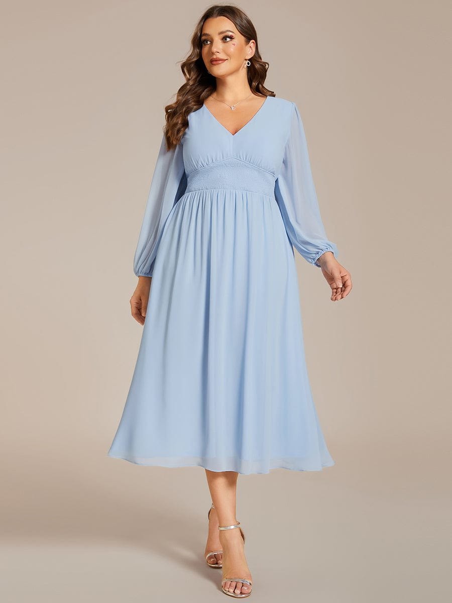 Voluminous Long Sleeve V-Neck Chiffon Midi Wedding Guest Dress for Plus Size Women