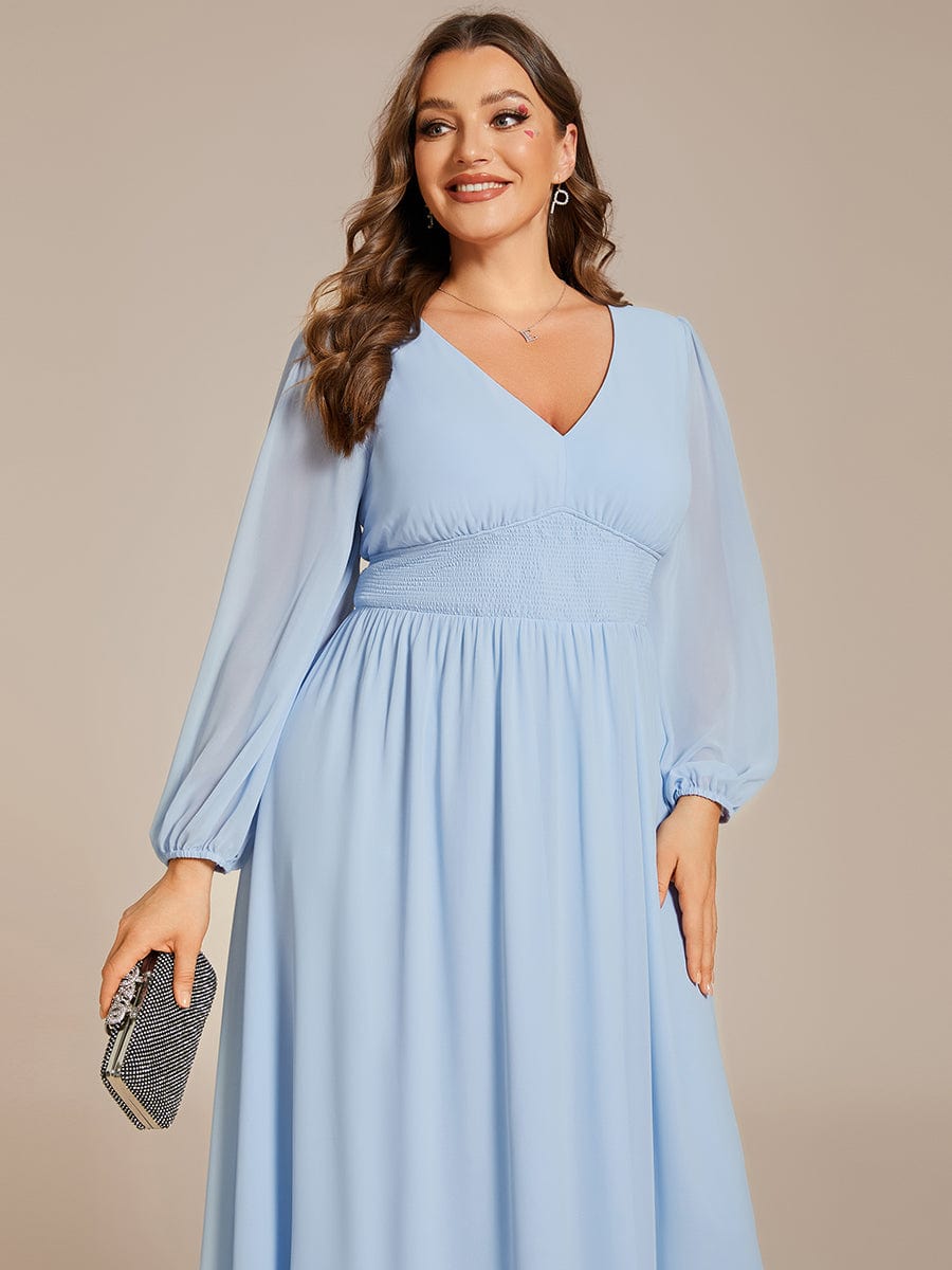 Voluminous Long Sleeve V-Neck Chiffon Midi Wedding Guest Dress for Plus Size Women