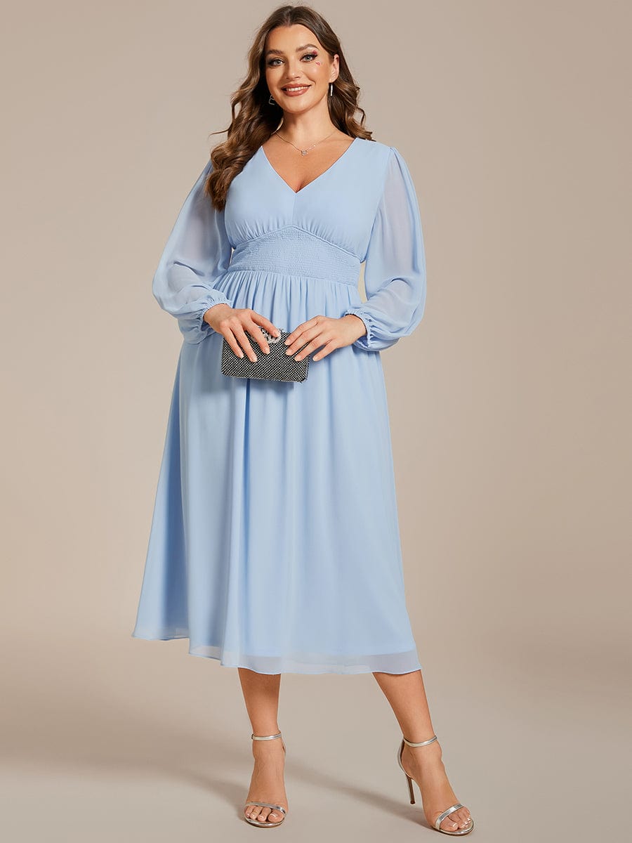 Voluminous Long Sleeve V-Neck Chiffon Midi Wedding Guest Dress for Plus Size Women