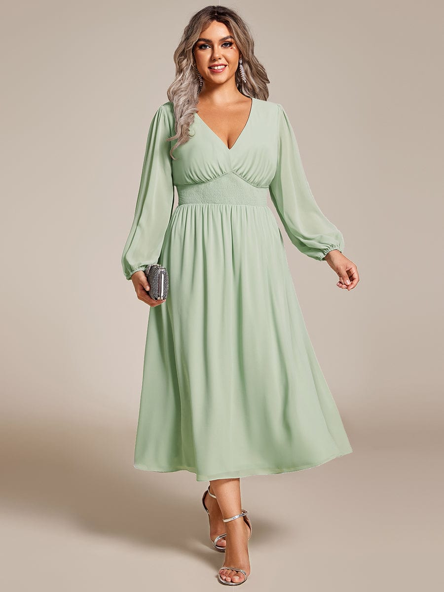 Voluminous Long Sleeve V-Neck Chiffon Midi Wedding Guest Dress for Plus Size Women