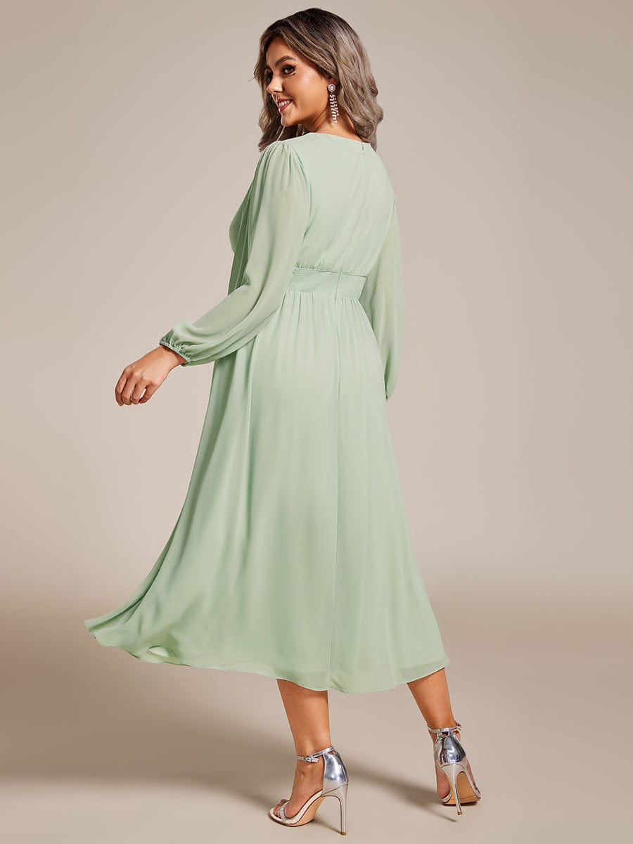 Voluminous Long Sleeve V-Neck Chiffon Midi Wedding Guest Dress for Plus Size Women