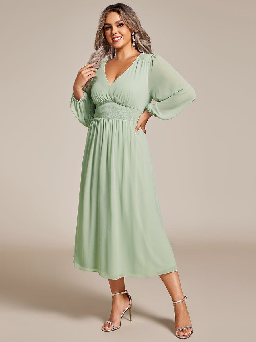 Voluminous Long Sleeve V-Neck Chiffon Midi Wedding Guest Dress for Plus Size Women