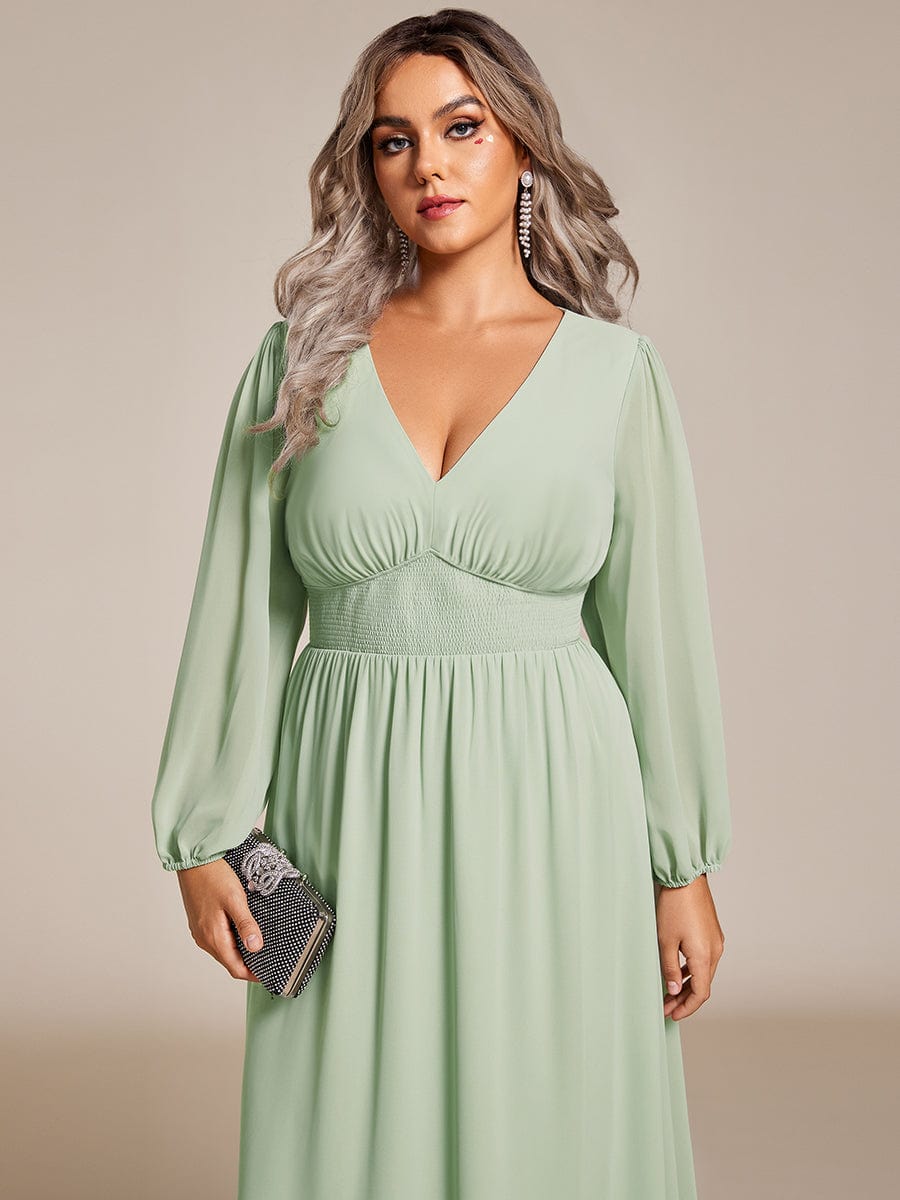 Voluminous Long Sleeve V-Neck Chiffon Midi Wedding Guest Dress for Plus Size Women