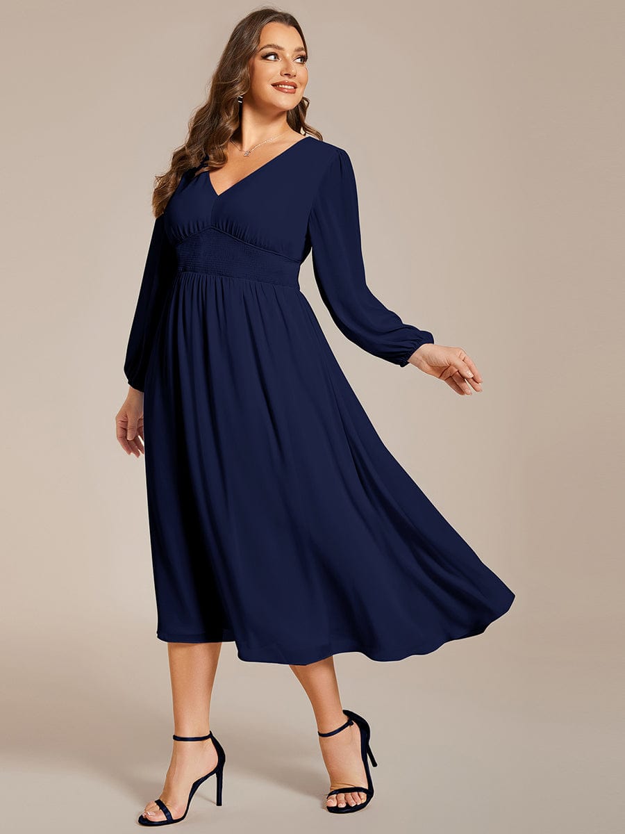 Voluminous Long Sleeve V-Neck Chiffon Midi Wedding Guest Dress for Plus Size Women