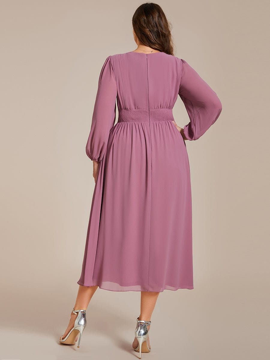 Voluminous Long Sleeve V-Neck Chiffon Midi Wedding Guest Dress for Plus Size Women