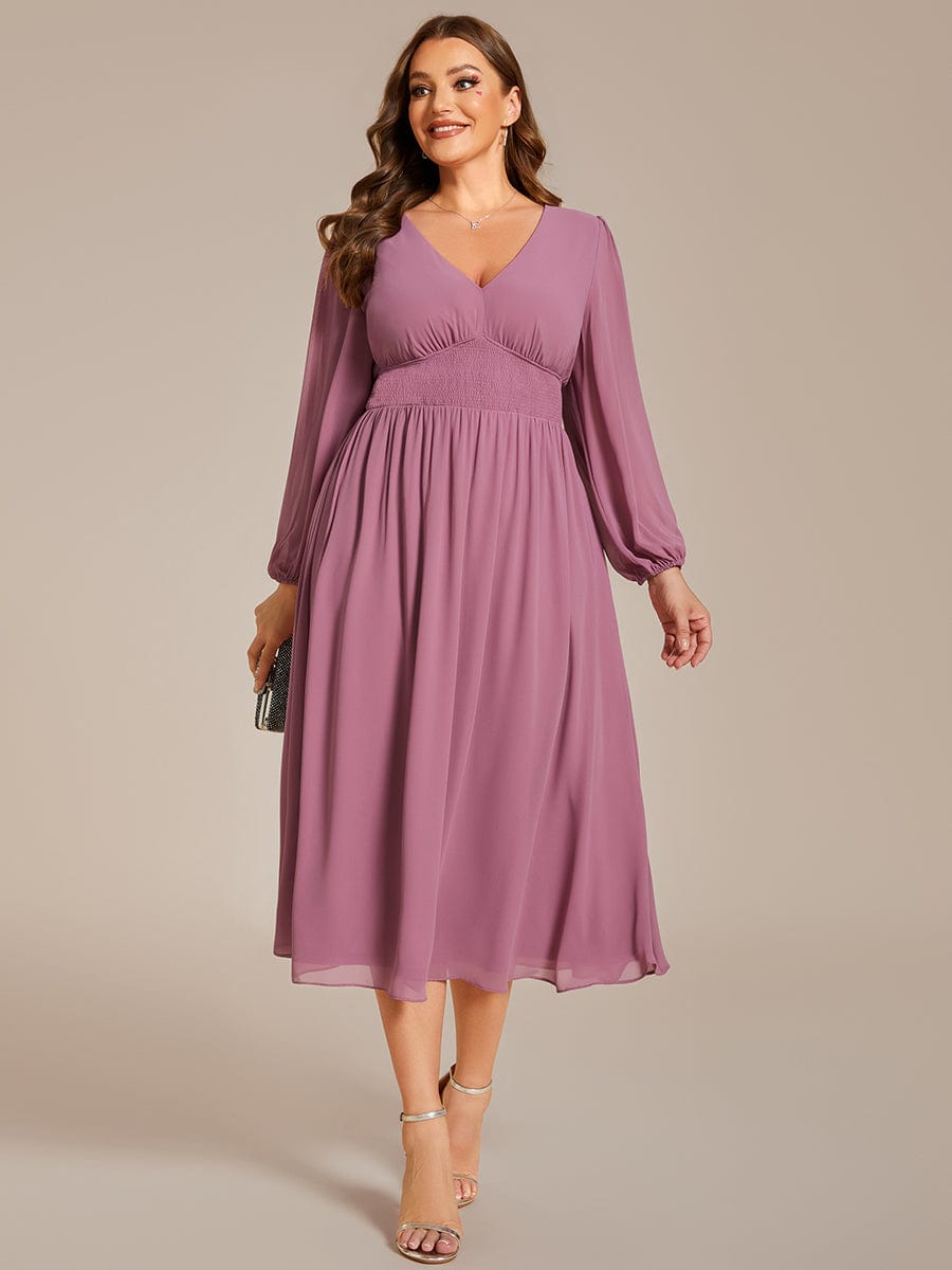 Voluminous Long Sleeve V-Neck Chiffon Midi Wedding Guest Dress for Plus Size Women