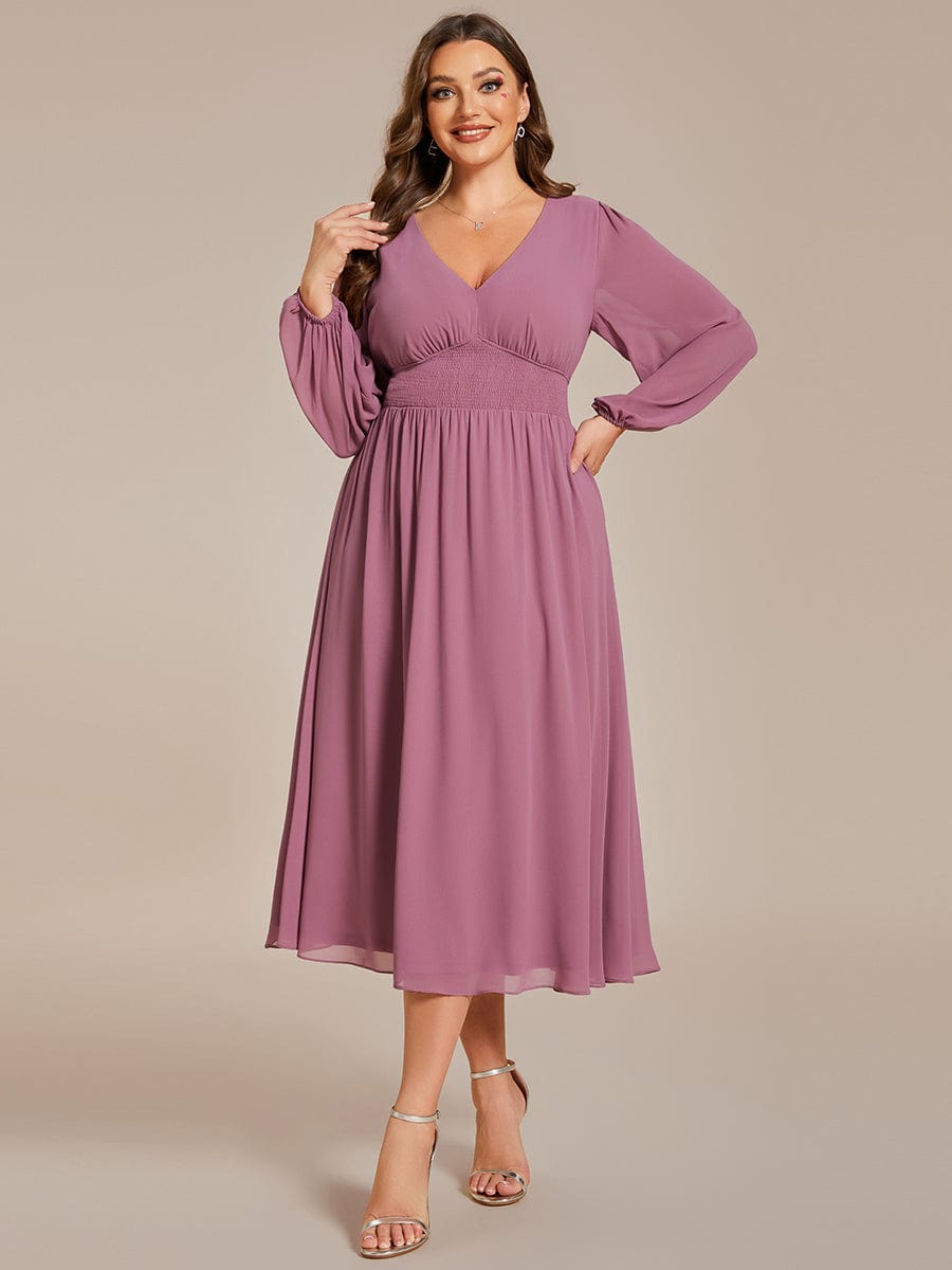 Voluminous Long Sleeve V-Neck Chiffon Midi Wedding Guest Dress for Plus Size Women