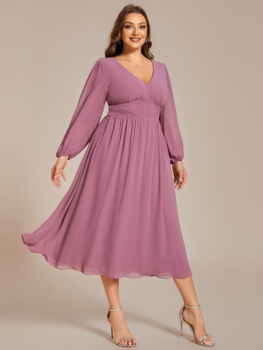 Voluminous Long Sleeve V-Neck Chiffon Midi Wedding Guest Dress for Plus Size Women