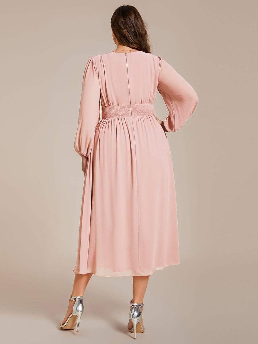 Voluminous Long Sleeve V-Neck Chiffon Midi Wedding Guest Dress for Plus Size Women