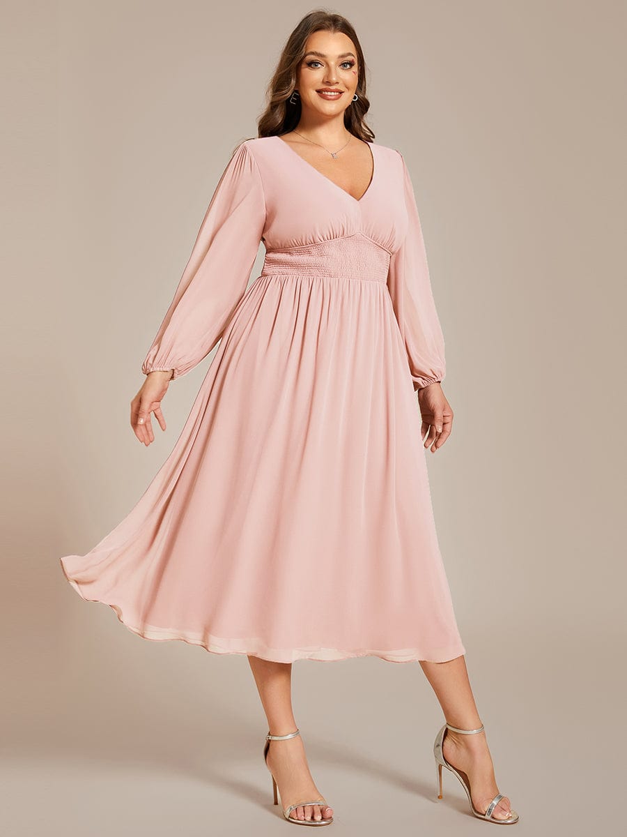 Voluminous Long Sleeve V-Neck Chiffon Midi Wedding Guest Dress for Plus Size Women