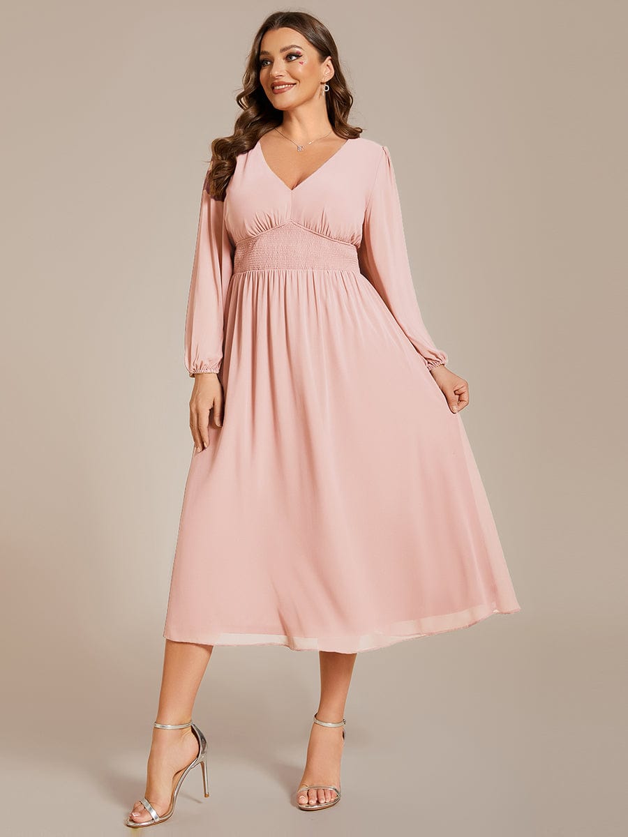 Voluminous Long Sleeve V-Neck Chiffon Midi Wedding Guest Dress for Plus Size Women