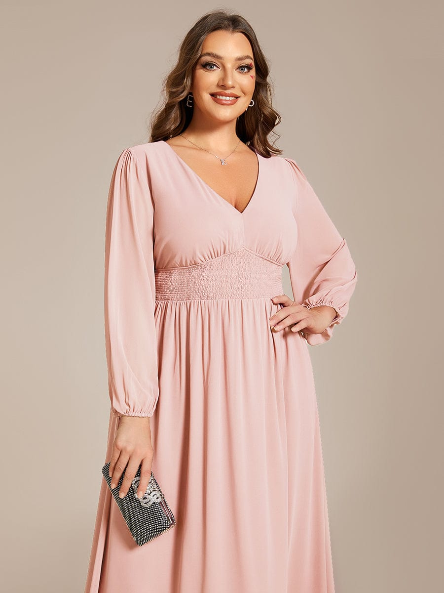 Voluminous Long Sleeve V-Neck Chiffon Midi Wedding Guest Dress for Plus Size Women