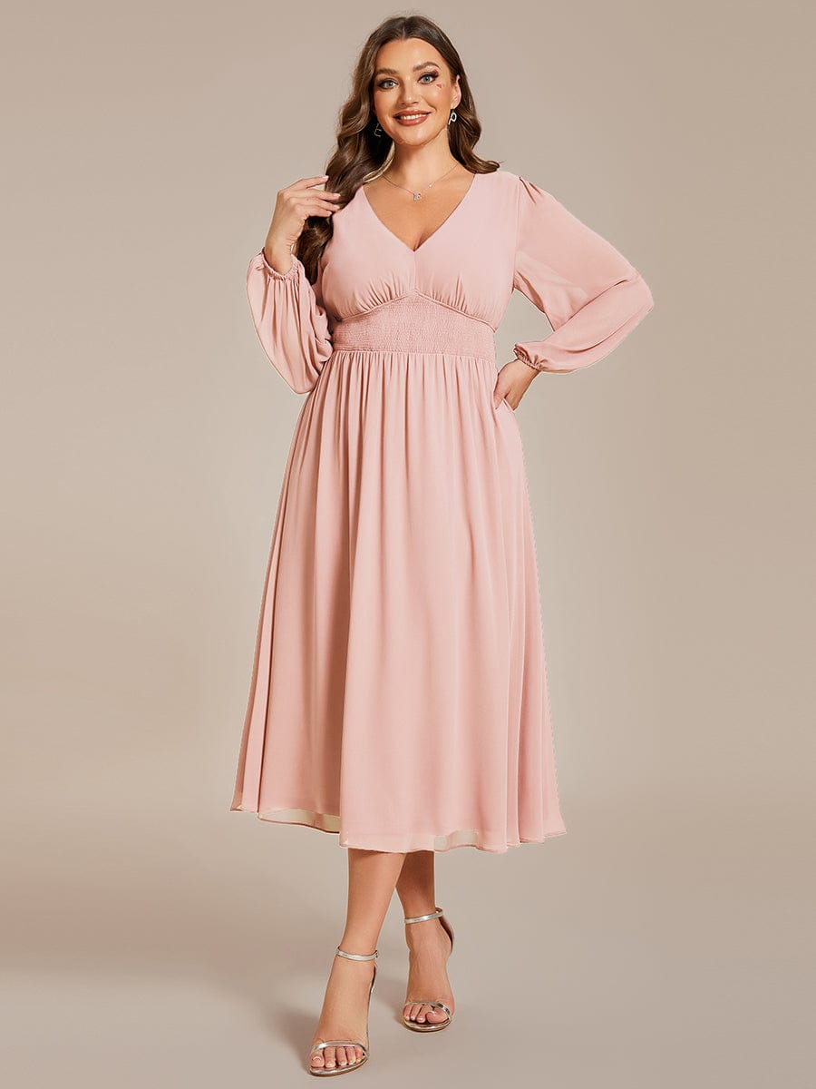 Voluminous Long Sleeve V-Neck Chiffon Midi Wedding Guest Dress for Plus Size Women