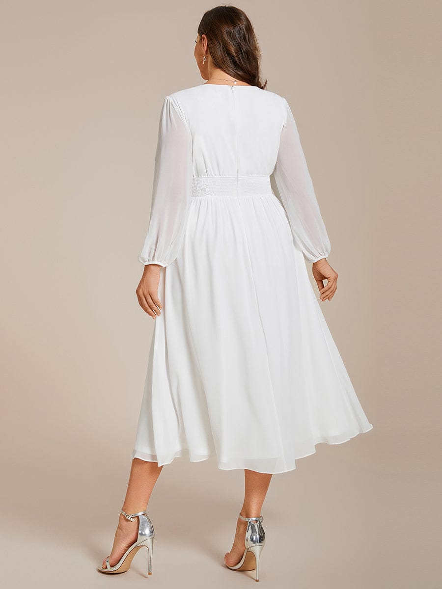 Voluminous Long Sleeve V-Neck Chiffon Midi Wedding Guest Dress for Plus Size Women