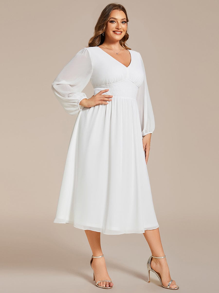 Voluminous Long Sleeve V-Neck Chiffon Midi Wedding Guest Dress for Plus Size Women