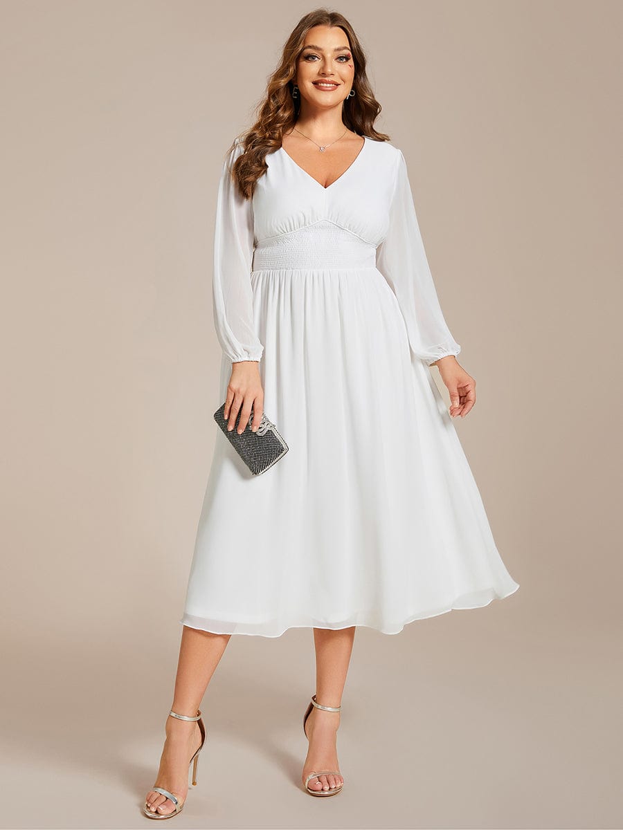 Voluminous Long Sleeve V-Neck Chiffon Midi Wedding Guest Dress for Plus Size Women