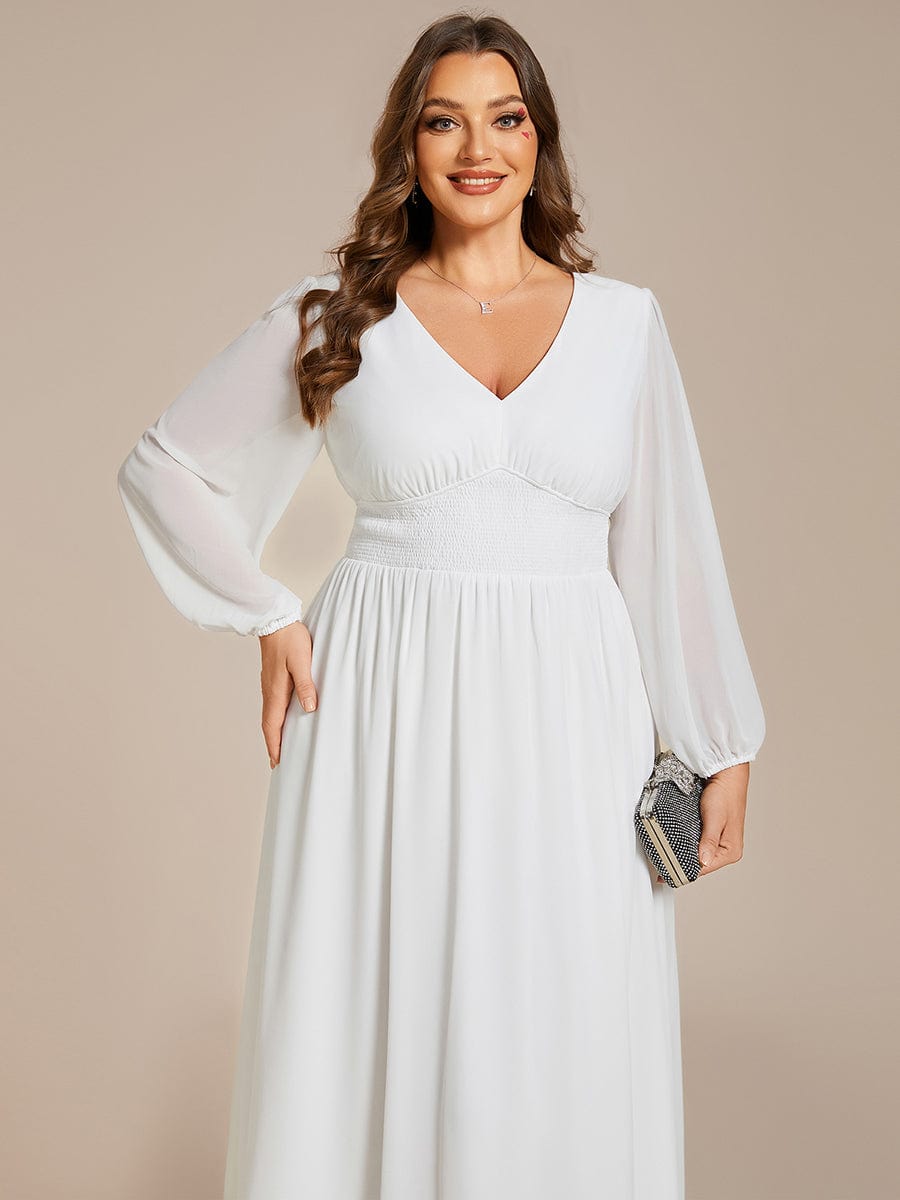 Voluminous Long Sleeve V-Neck Chiffon Midi Wedding Guest Dress for Plus Size Women