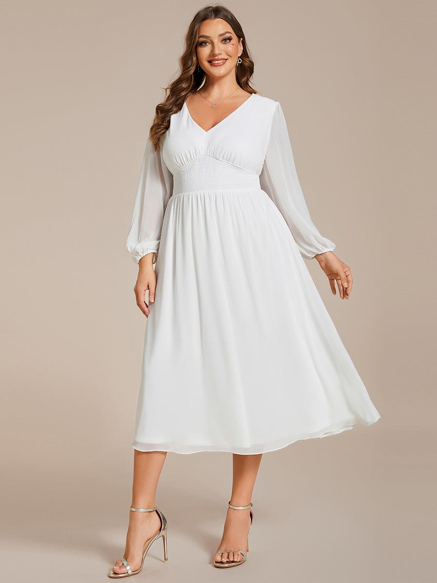 Voluminous Long Sleeve V-Neck Chiffon Midi Wedding Guest Dress for Plus Size Women