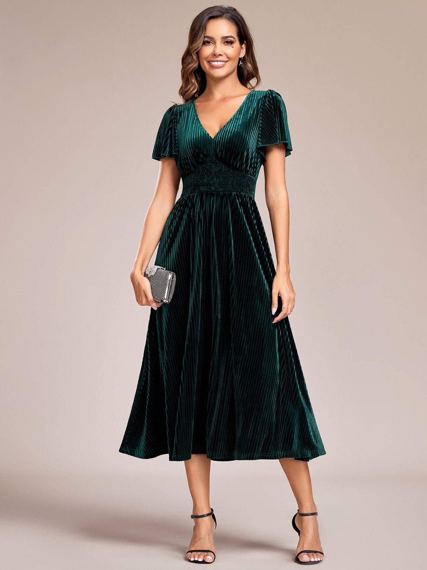 Elegant V-Neck Velour Midi Dress with Short Sleeves and Waist Detail