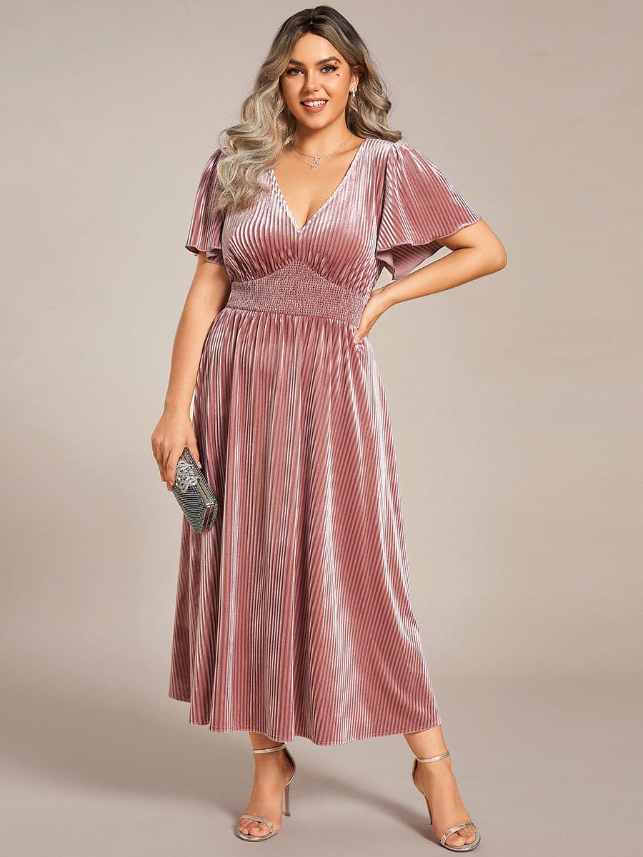 Elegant V-Neck Velour Midi Dress with Short Sleeves and Waist Detail