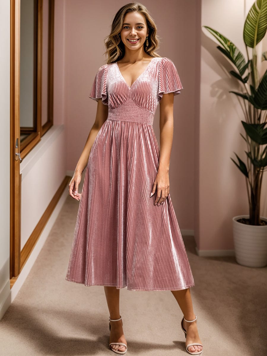 Elegant V-Neck Velour Midi Dress with Short Sleeves and Waist Detail