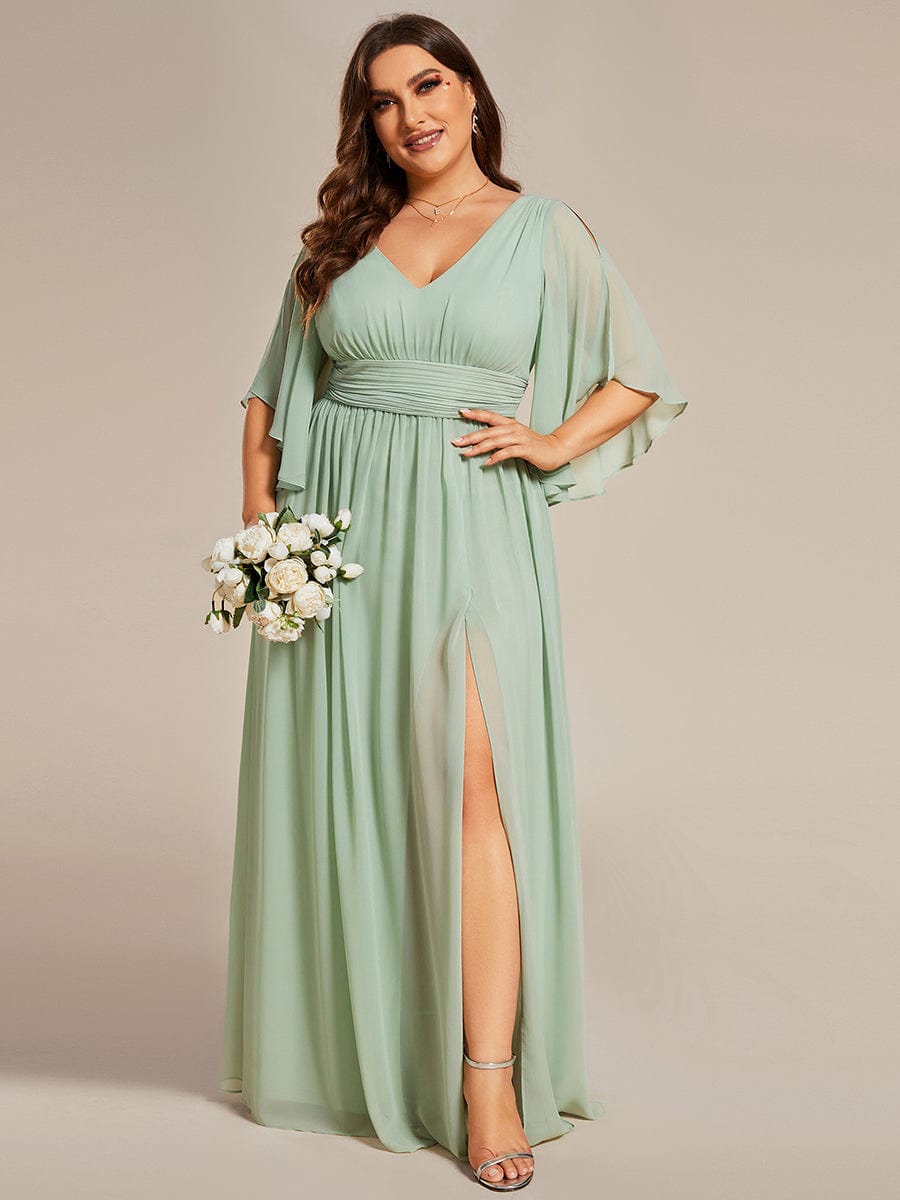 Chiffon V-Neck A-Line Bridesmaid Dress with Half Sleeves for Plus Size