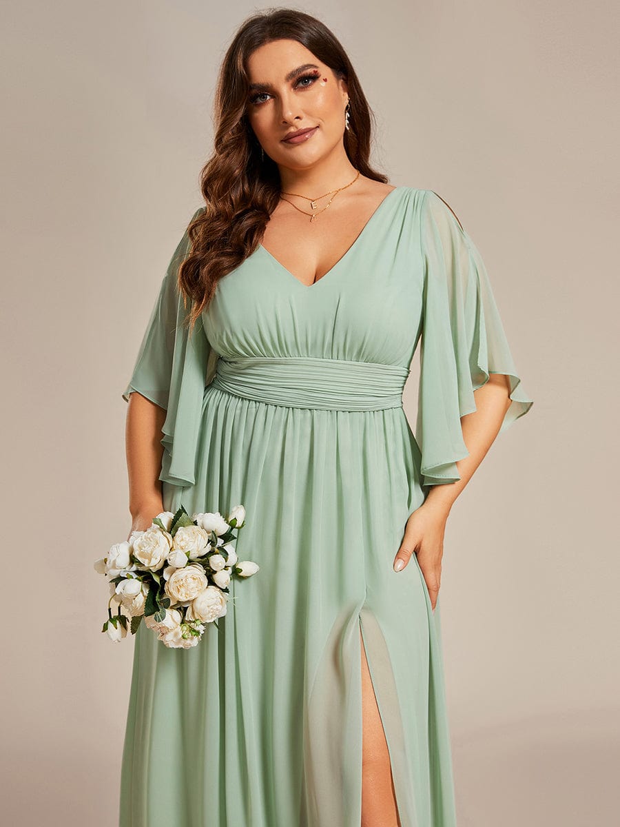 Chiffon V-Neck A-Line Bridesmaid Dress with Half Sleeves for Plus Size