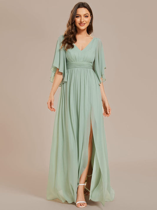Chiffon A-Line Bridesmaid Dress with Half Sleeves and High Slit