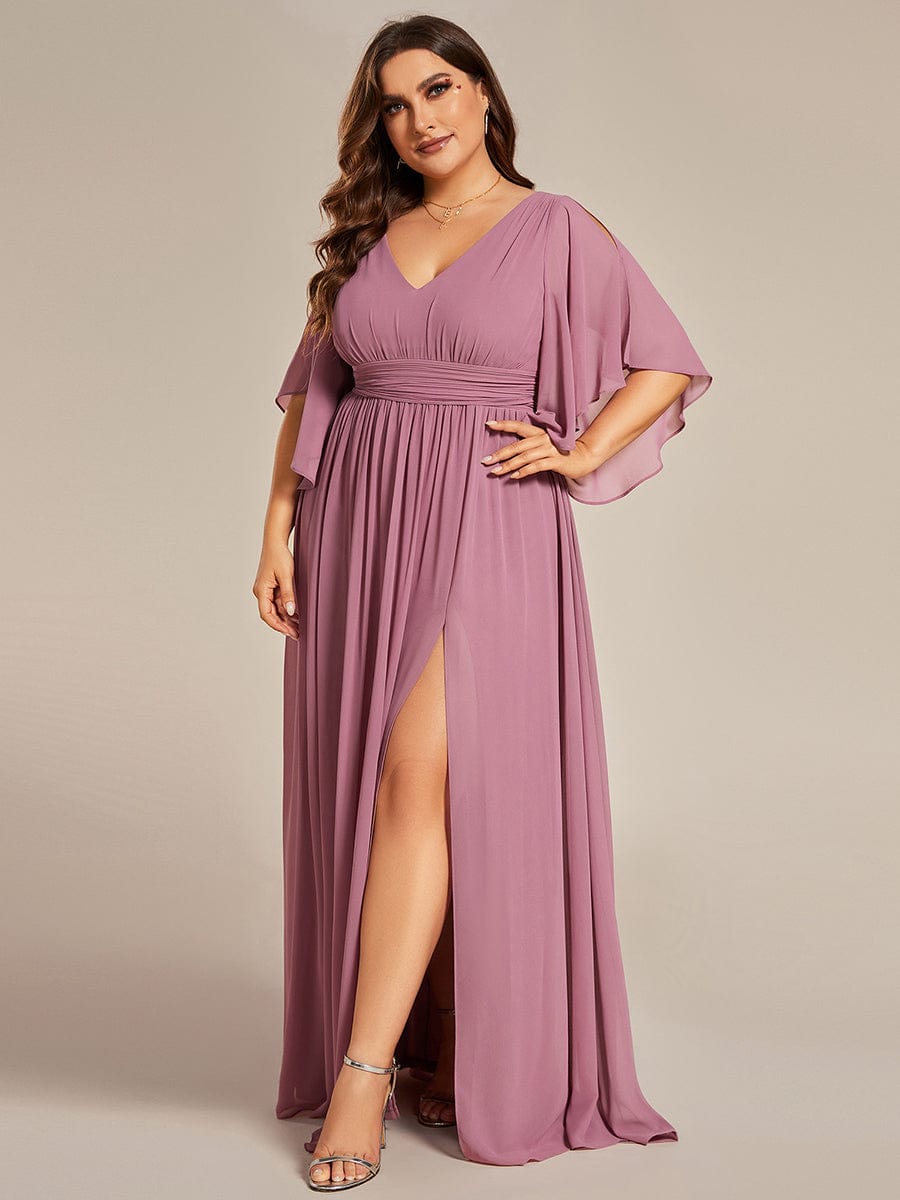 Chiffon V-Neck A-Line Bridesmaid Dress with Half Sleeves for Plus Size