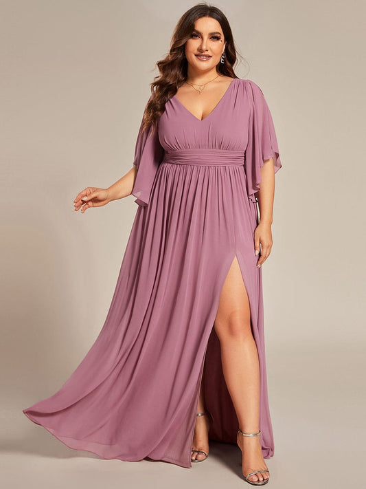 Chiffon V-Neck A-Line Bridesmaid Dress with Half Sleeves for Plus Size