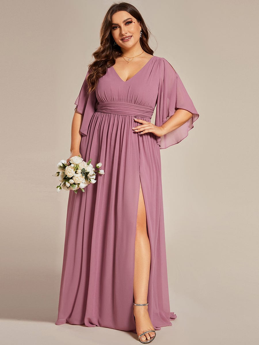 Chiffon V-Neck A-Line Bridesmaid Dress with Half Sleeves for Plus Size