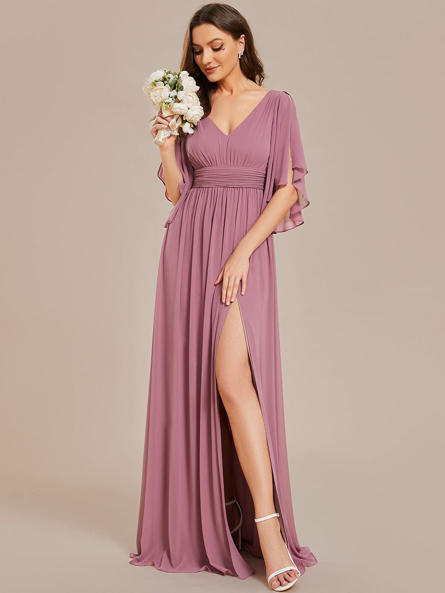 Chiffon A-Line Bridesmaid Dress with Half Sleeves and High Slit