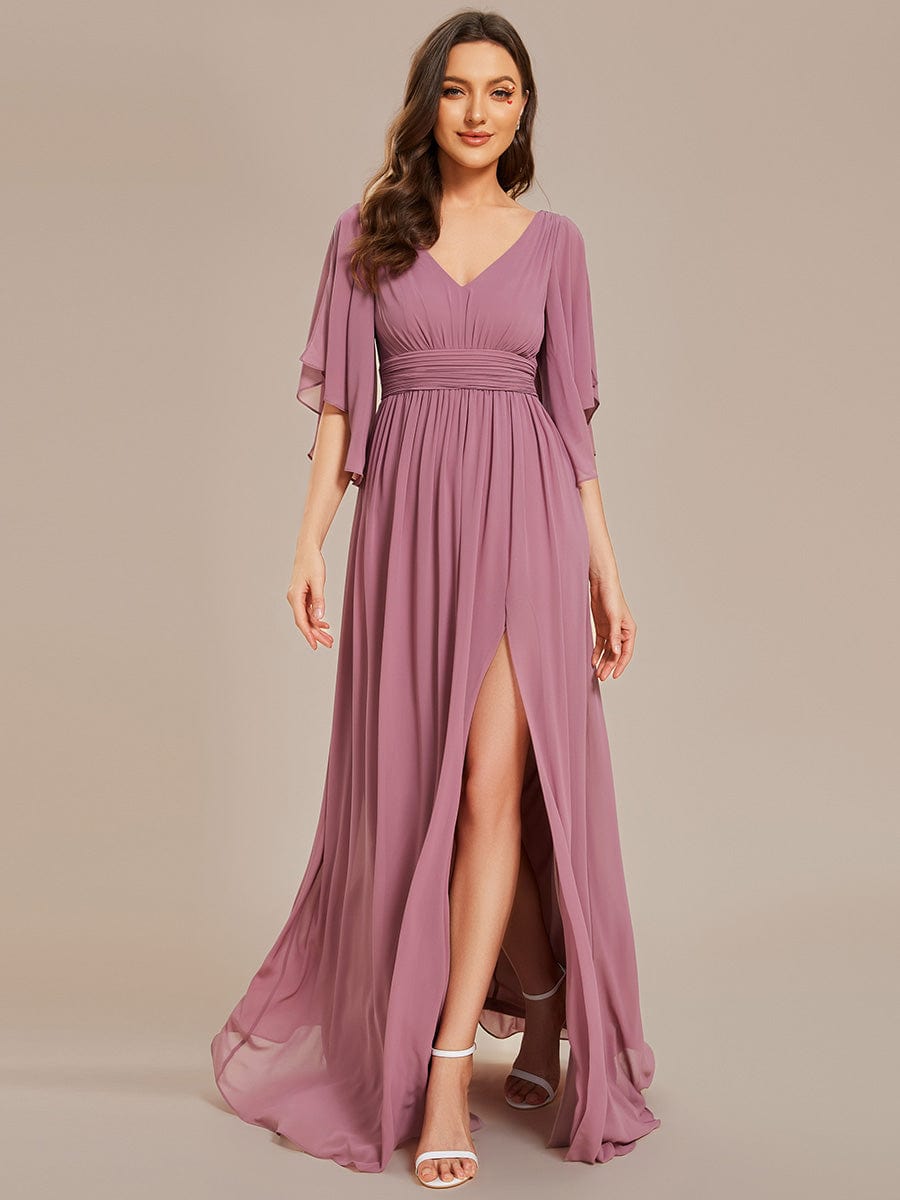 Chiffon A-Line Bridesmaid Dress with Half Sleeves and High Slit