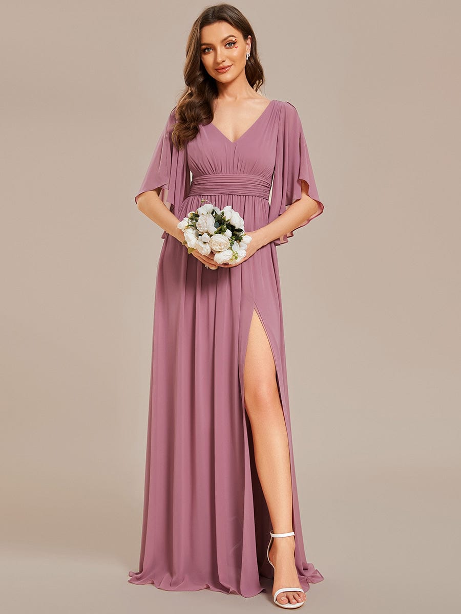 Chiffon A-Line Bridesmaid Dress with Half Sleeves and High Slit