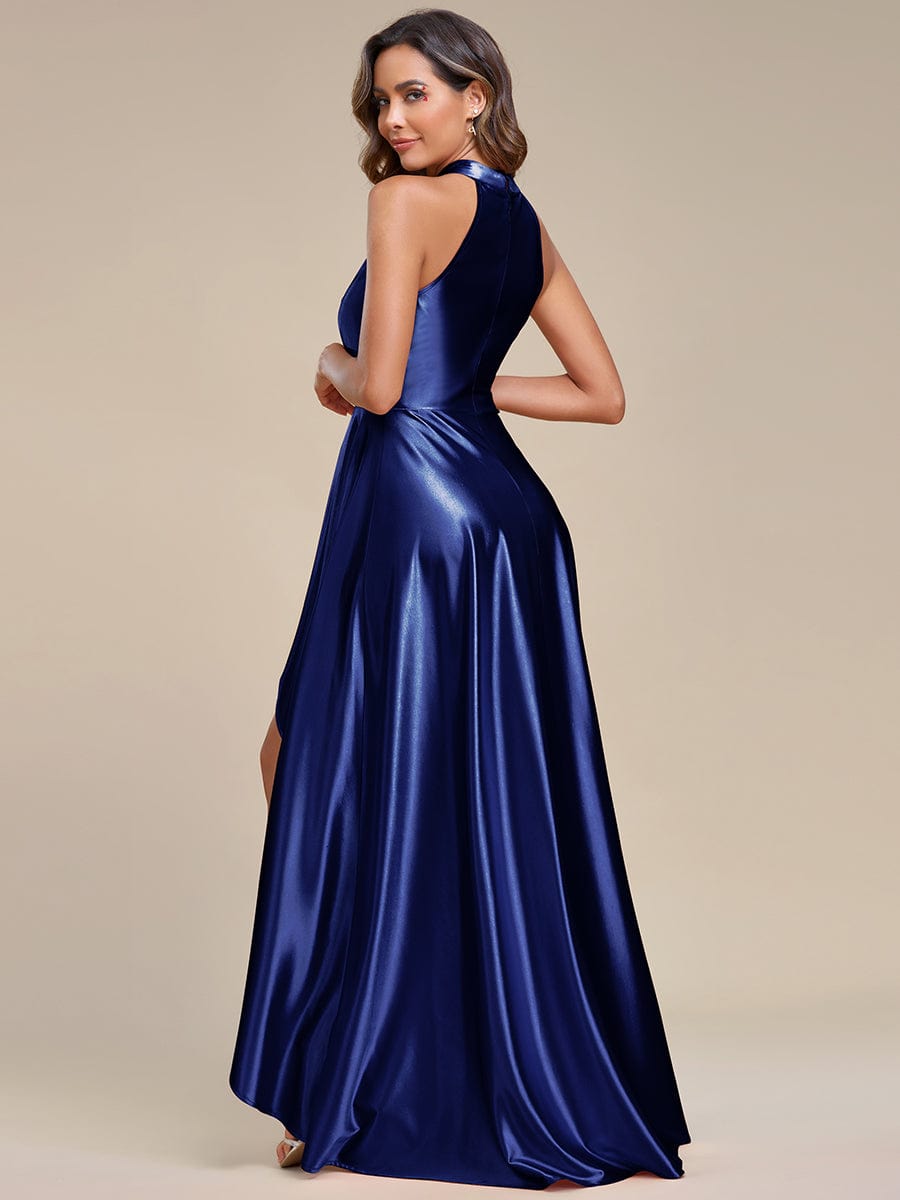 High-Low Satin Halter Bridesmaid Dress with Belly Collar