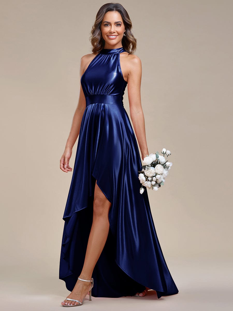 High-Low Satin Halter Bridesmaid Dress with Belly Collar