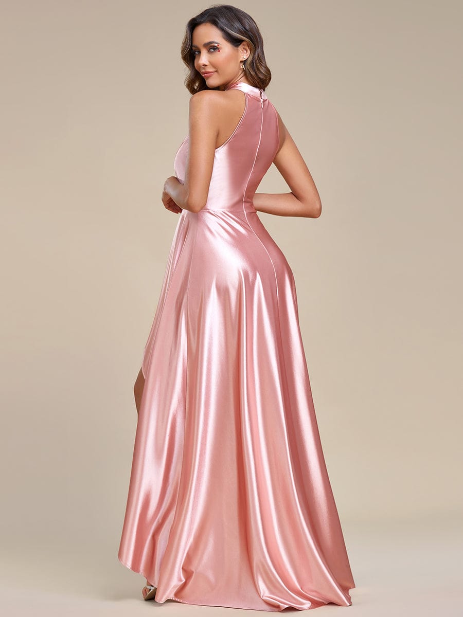 High-Low Satin Halter Bridesmaid Dress with Belly Collar