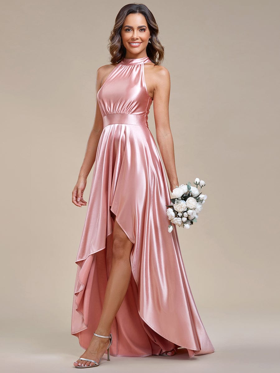 High-Low Satin Halter Bridesmaid Dress with Belly Collar