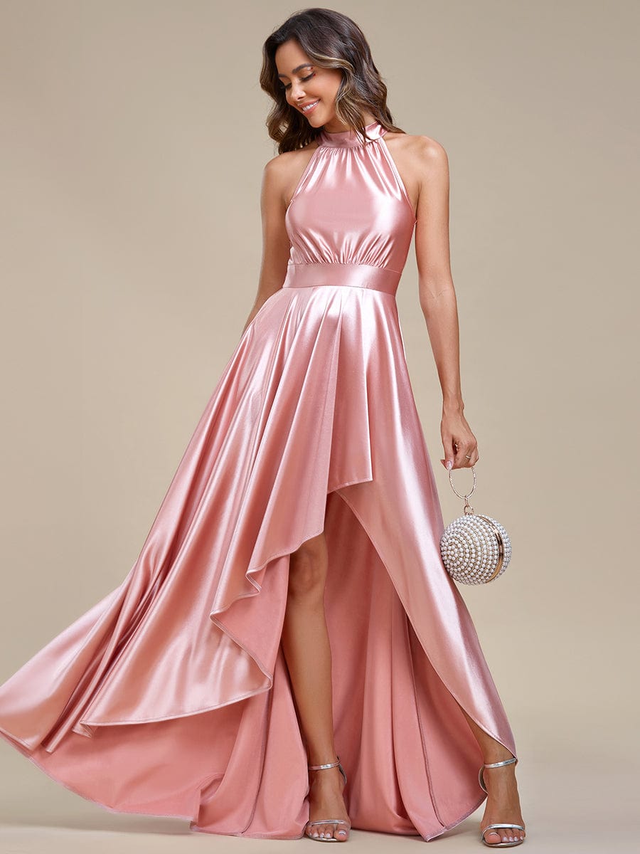 High-Low Satin Halter Bridesmaid Dress with Belly Collar