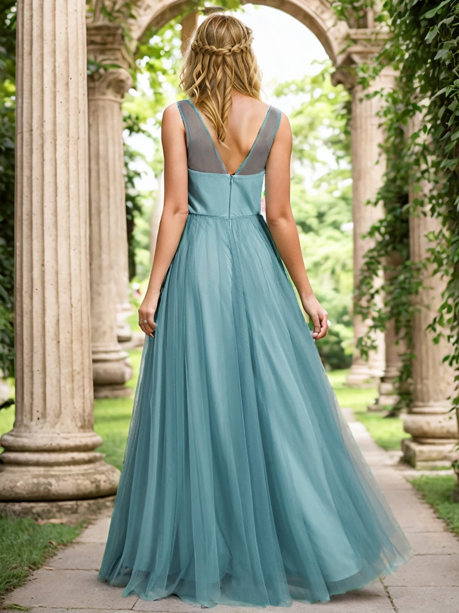 Enchanting Flower-Adorned Tulle Bridesmaid Gown with Sheer Shoulder Straps