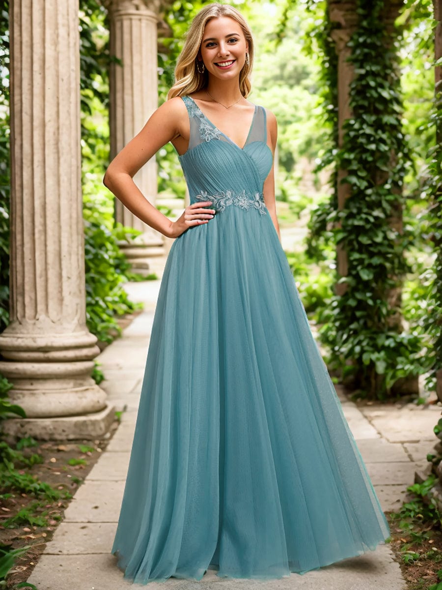 Enchanting Flower-Adorned Tulle Bridesmaid Gown with Sheer Shoulder Straps