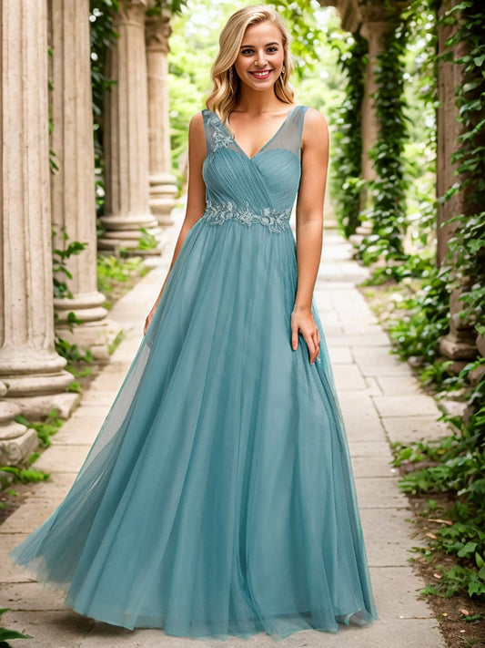 Enchanting Flower-Adorned Tulle Bridesmaid Gown with Sheer Shoulder Straps