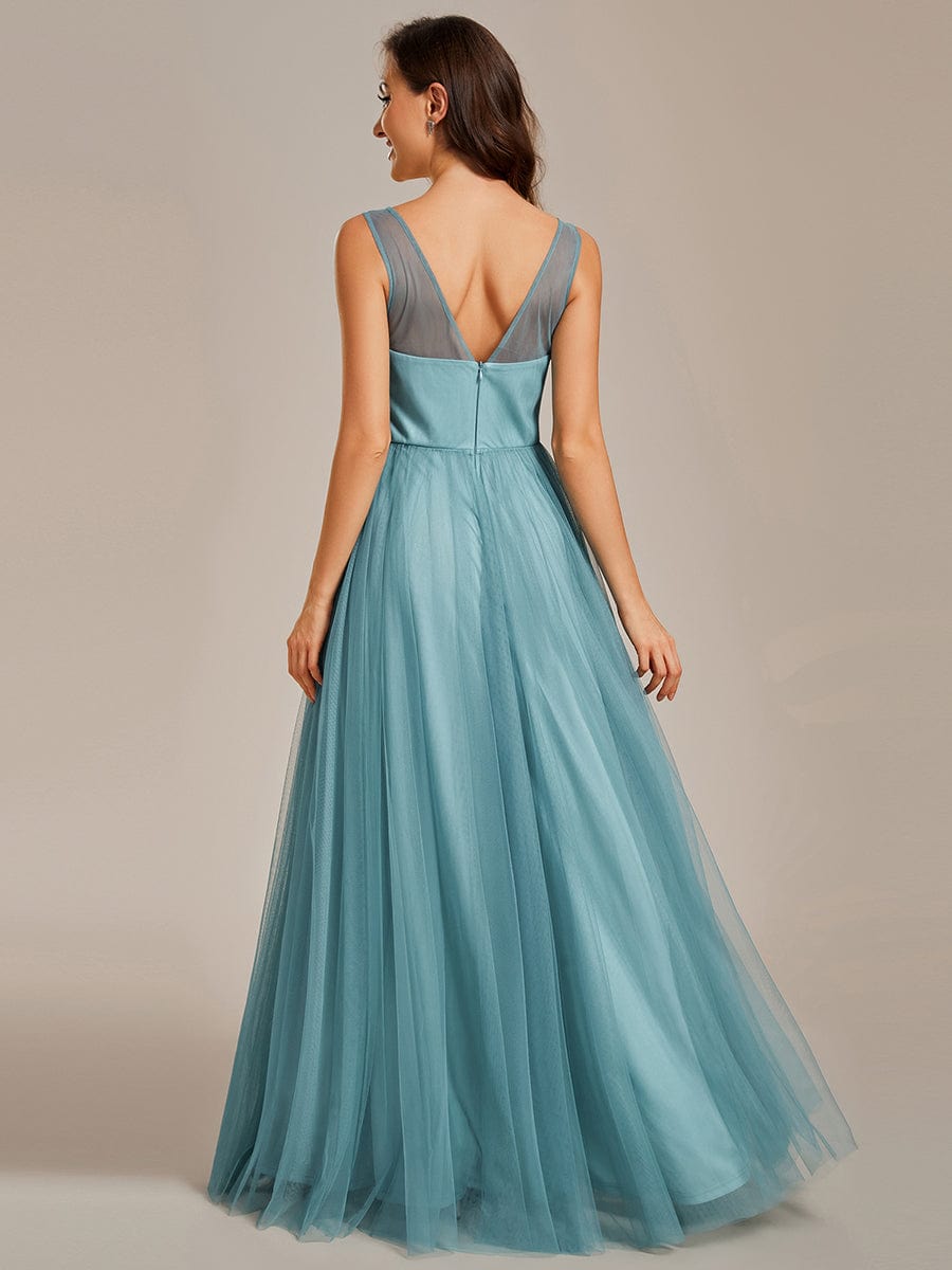 Enchanting Flower-Adorned Tulle Bridesmaid Gown with Sheer Shoulder Straps